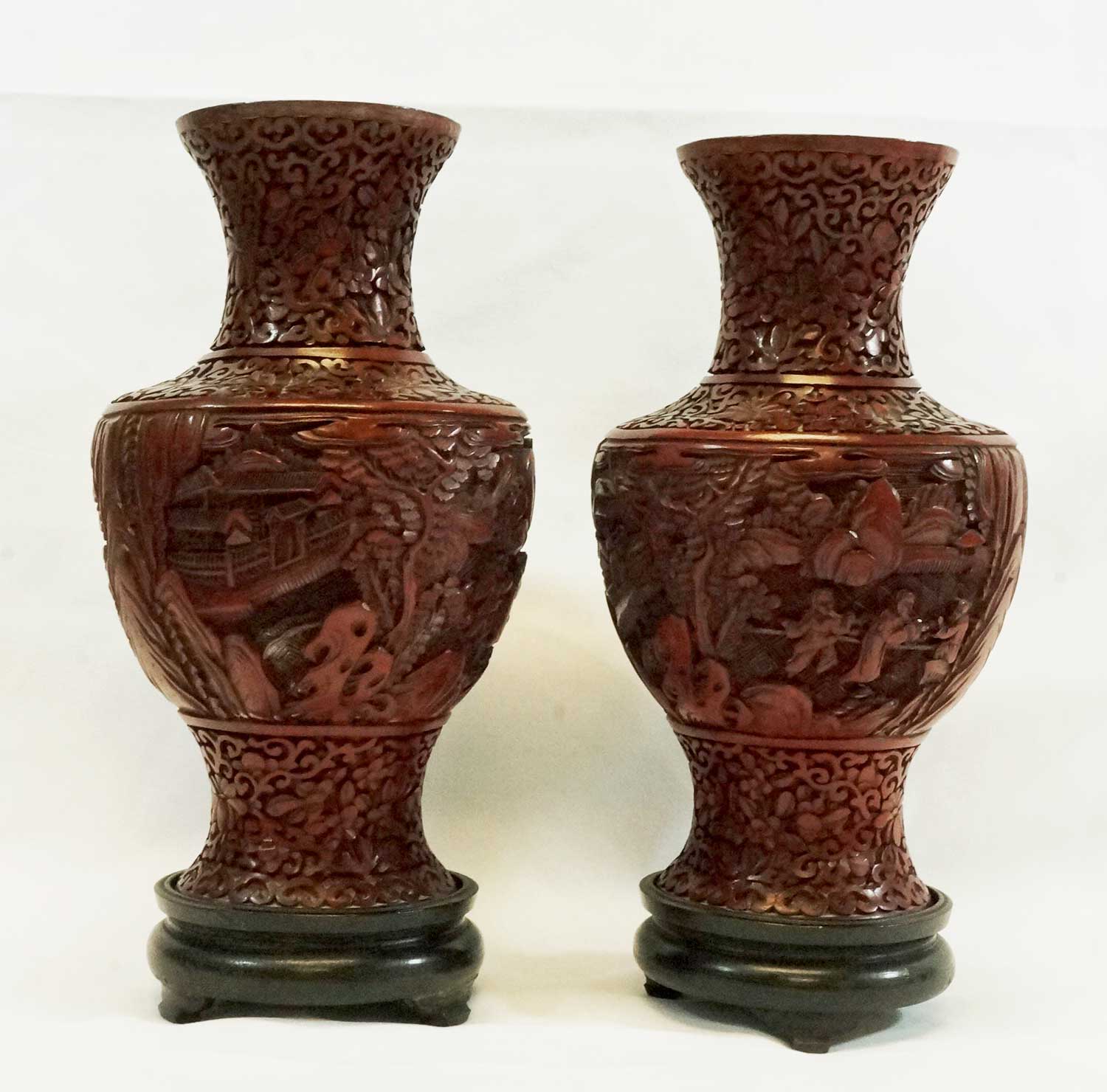Pair Old Chinese Cinnabar Vases