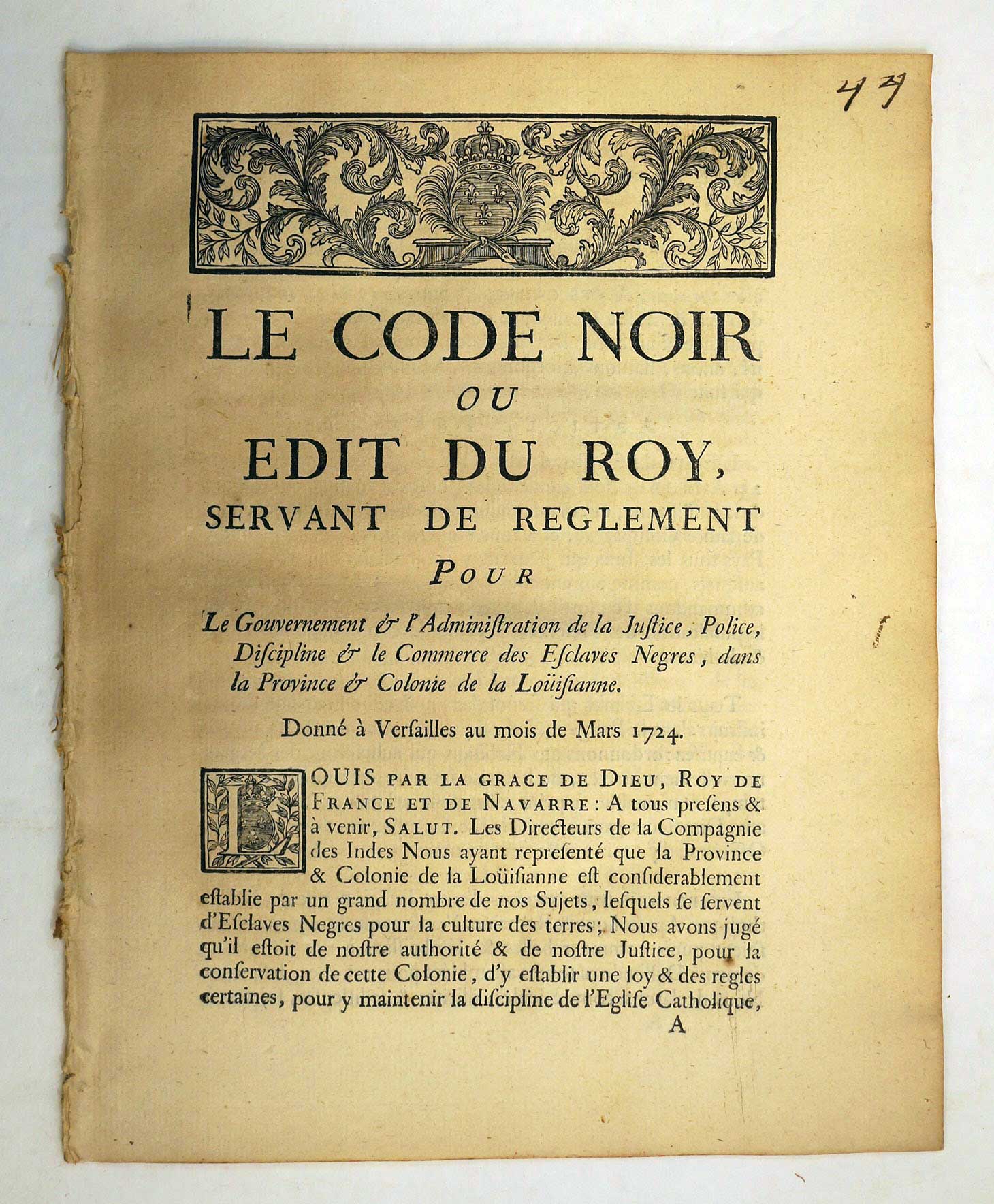 Louisiana Le Code Noir of 1724
