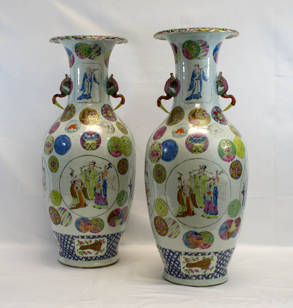 Pair Monumental Old Chinese Signed Floor Vases