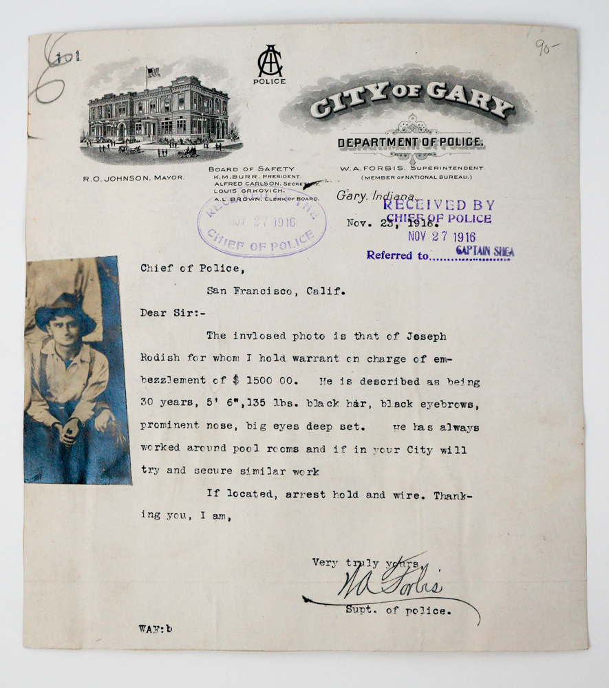 City of Gary, Wanted Poster: Joseph Rodish, 1910