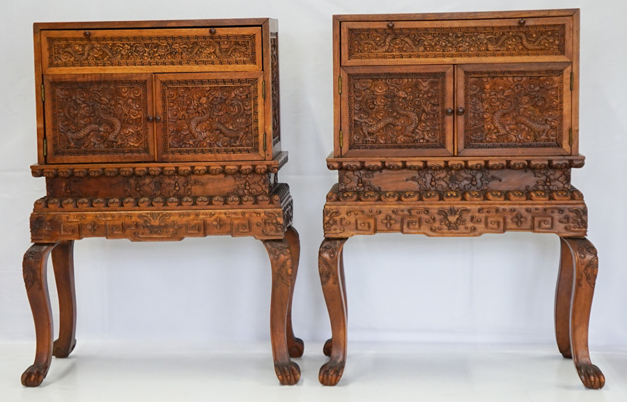 Pair Chinese Small Finely Carved Small Cabinets