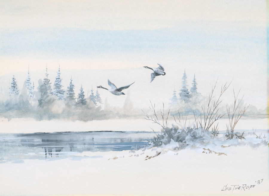 Clarence Basil Cuts the Rope [Winter Scene, Geese]