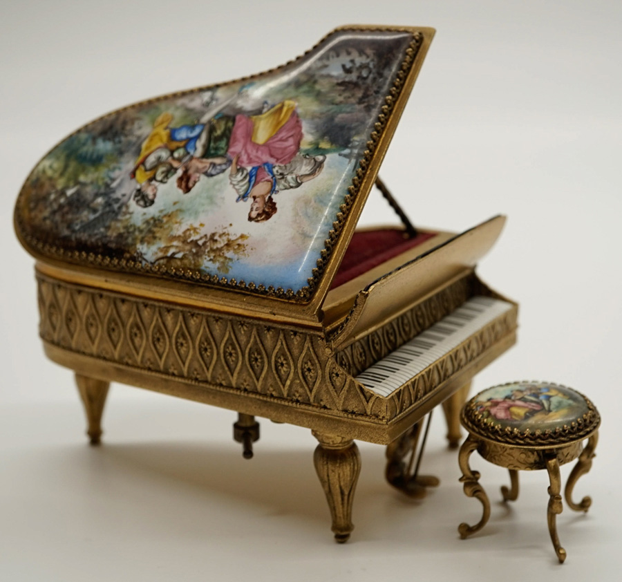 Viennese Enamel Piano Music Box and Stool